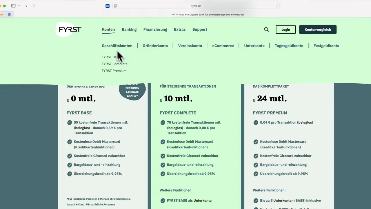 Fyrst Webseite mit Vergleich von Geschäftskonto-Tarifen