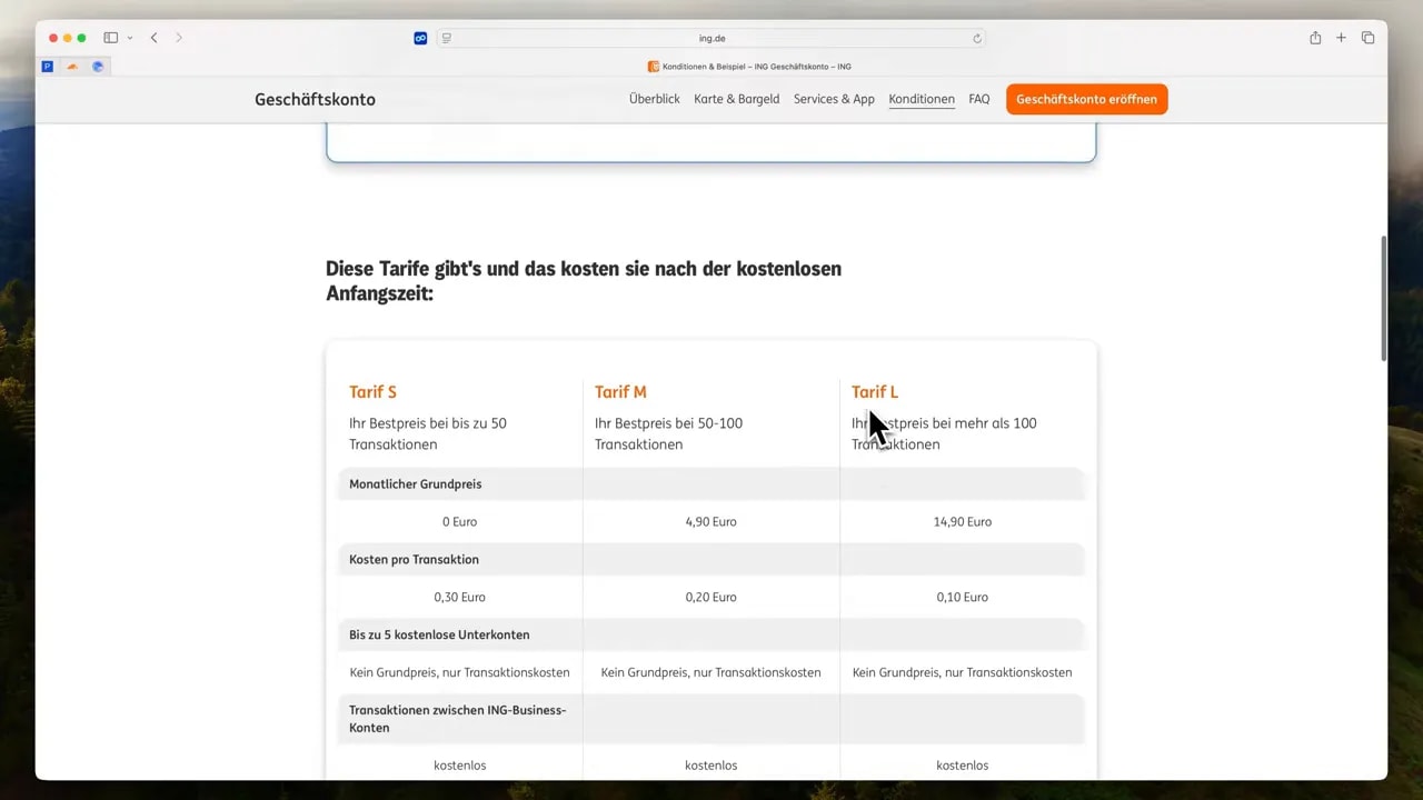 ING Geschäftskonto Tarifübersicht mit mehreren Kontomodellen