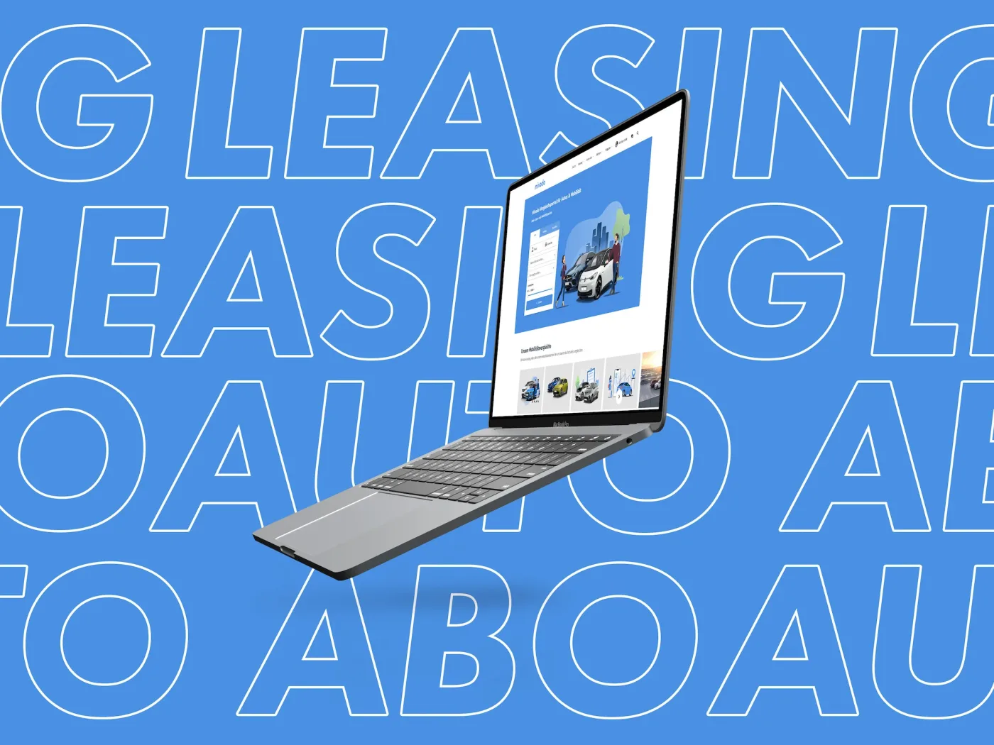 Mivodo im Browser auf einem aufgeklappten MacBook vor blauem Hintergrund mit dem Schriftzug Leasing Abo Auto