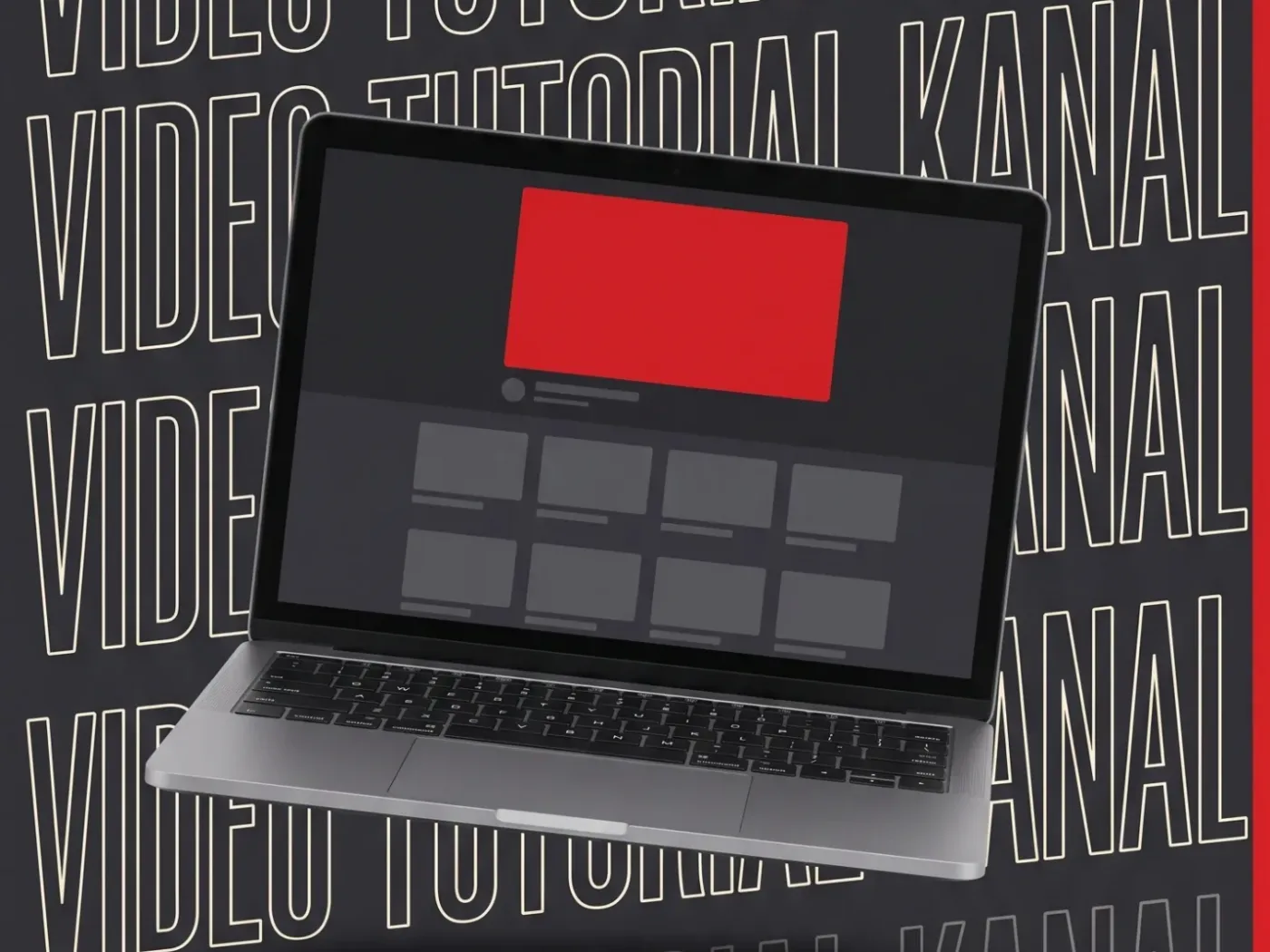 MacBook-Mockup vor dunkelgrauem Hintergrund mit umrissenem Schriftzug Video Tutorial Kanal und rotem Akzent