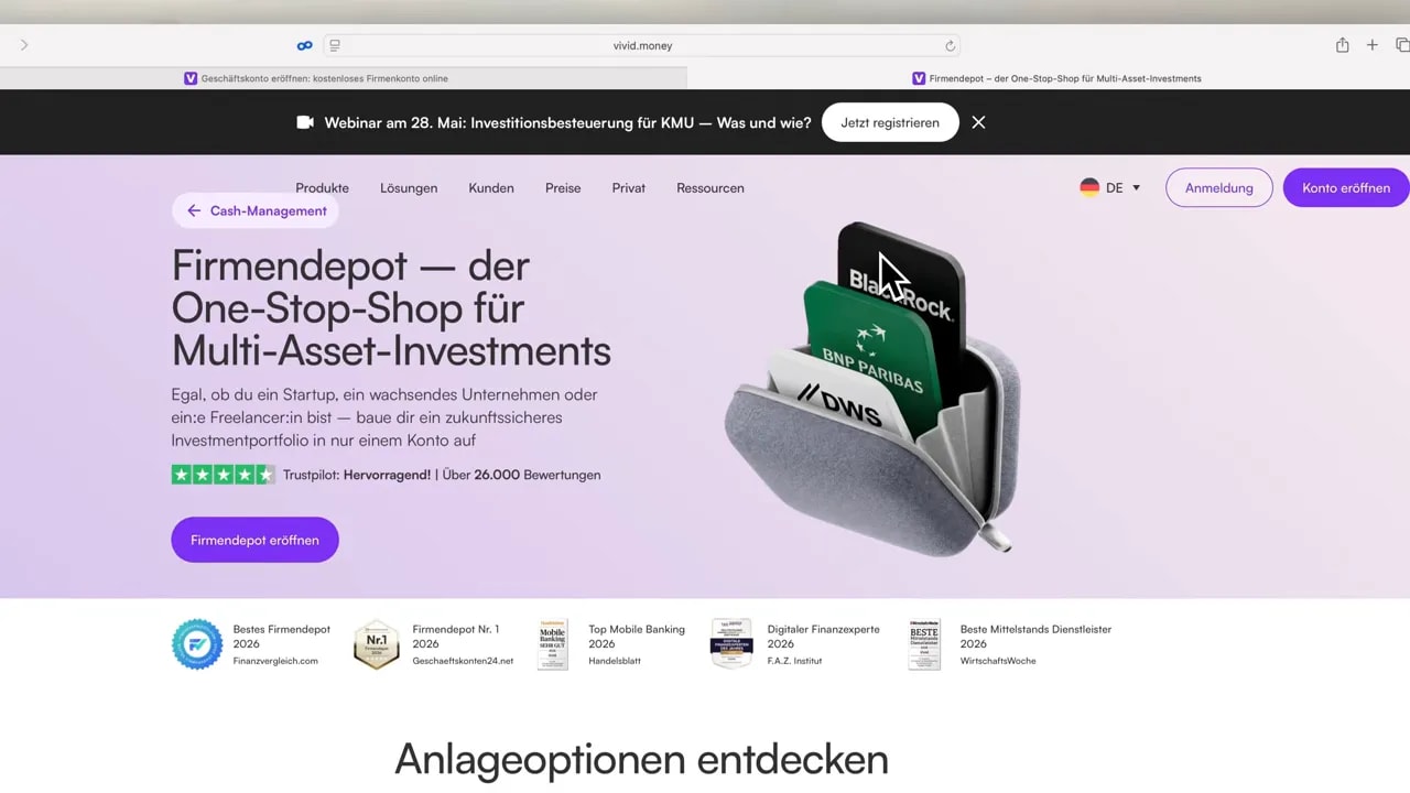 Vivid Webseite für Firmendepot mit Anlageoptionen