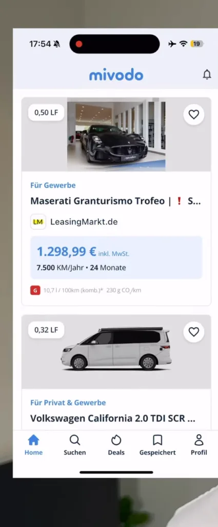 Angebotsliste der Mivodo-App mit Leasingdeals, Leasingfaktor, Monatsrate und Navigation am unteren Rand