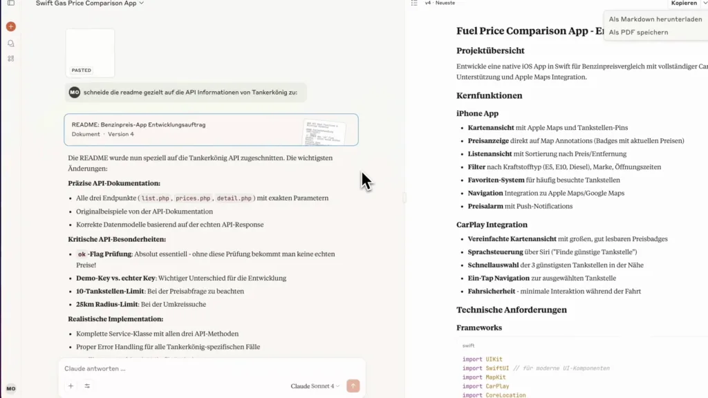 Claude im Browser erstellt einen Entwicklungsauftrag für eine App mit Projektübersicht, Kernfunktionen und technischen Anforderungen