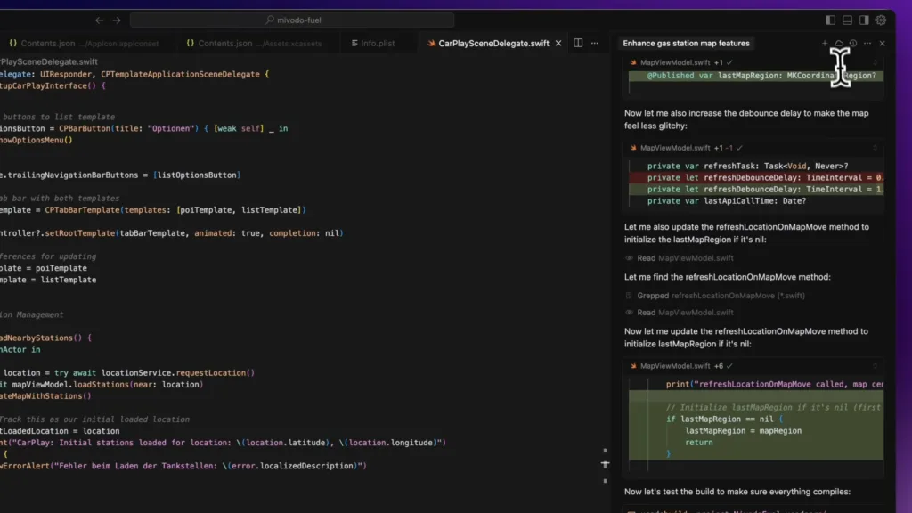 Cursor mit Projektdateien links, Code in der Mitte und dem KI-Chatfenster rechts
