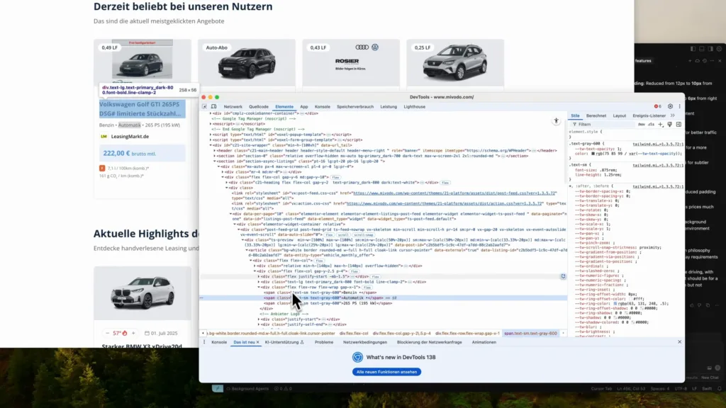 Mivodo-Website mit Fahrzeugkarten und geöffneten Chrome-Entwicklertools mit dem HTML einer Karte