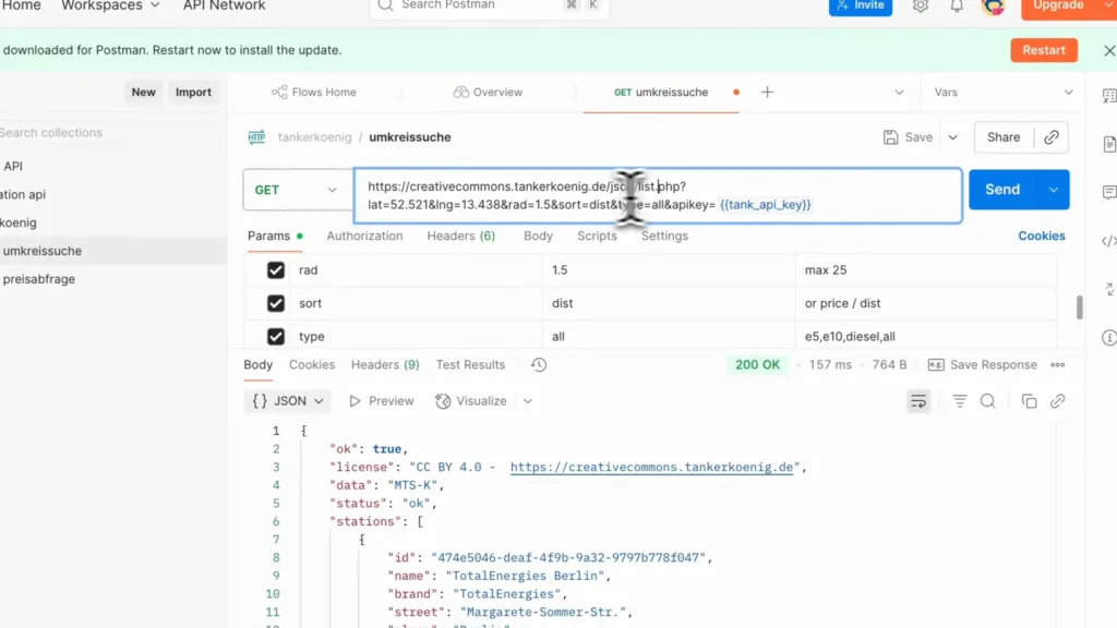 Postman mit einer GET-Anfrage an eine Tankpreis-API, Parametern und JSON-Antwort