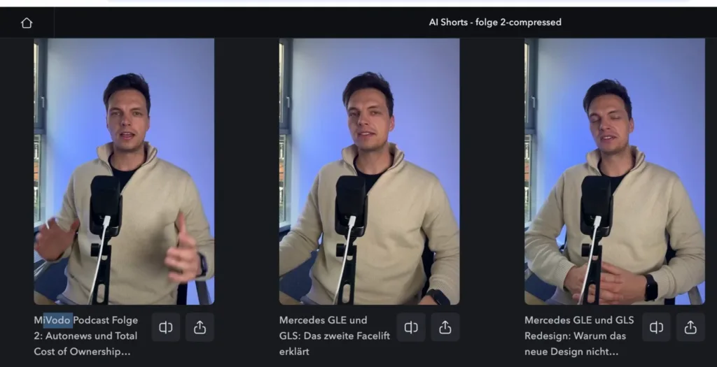 Captions zeigt die automatisch erzeugten Hochformat-Clips aus der zweiten Podcastfolge nebeneinander