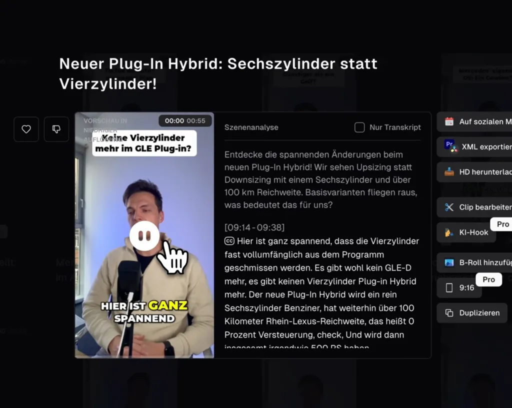 Clip in Opus Clip mit eingeblendetem Hook-Titel und Szenenanalyse daneben