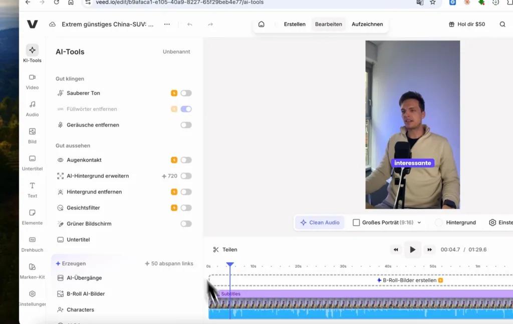 Editor von Veed mit KI-Werkzeugen wie Augenkontakt, Hintergrund entfernen und sauberem Ton