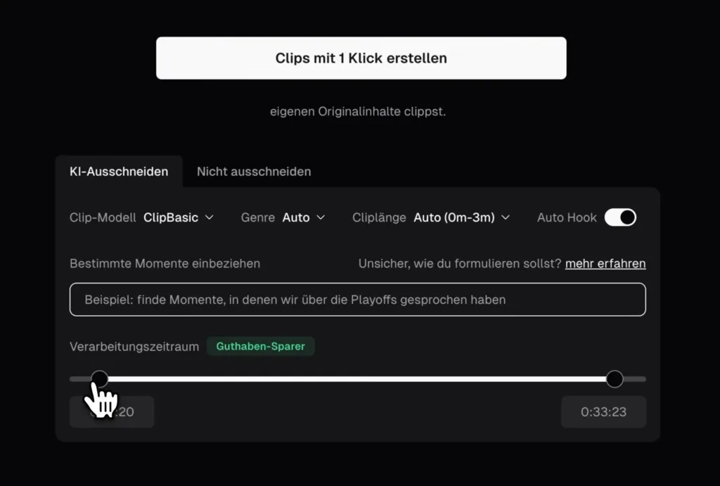 Einstellungen in Opus Clip: Clip-Modell, Genre, Cliplänge, Auto Hook und Verarbeitungszeitraum