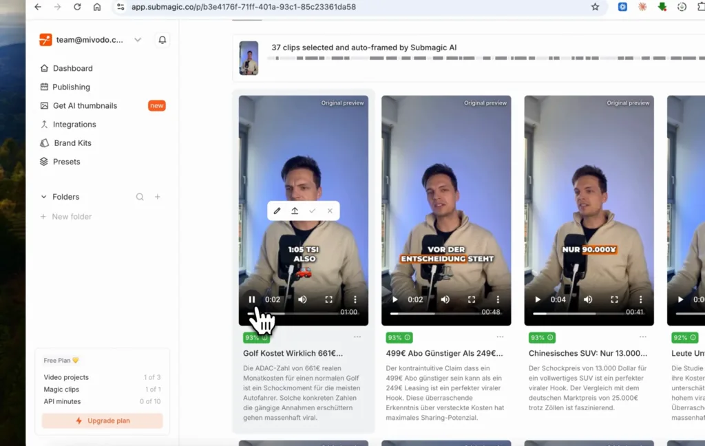 Submagic zeigt 37 automatisch ausgewählte Clips mit Viralitätsscore und Beschreibung