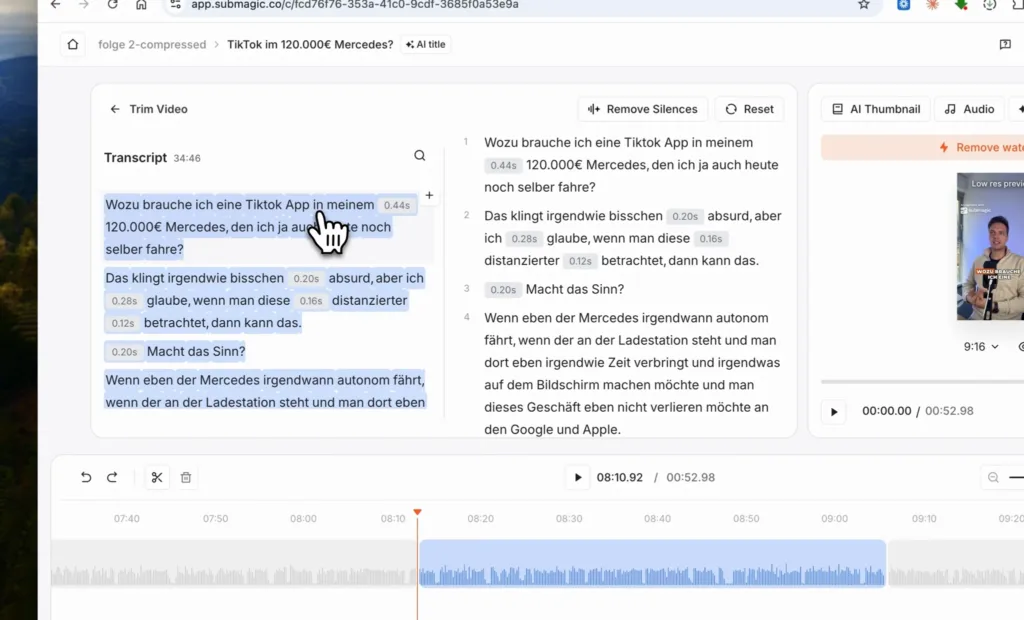Textbasierter Editor in Submagic mit Transkript, in dem einzelne Wörter markiert sind
