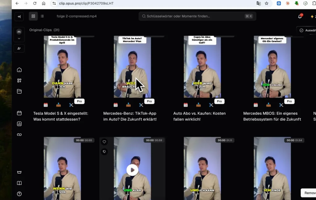 Übersicht der Clips in Opus Clip mit Titeln wie Mercedes-Benz: TikTok-App im Auto?