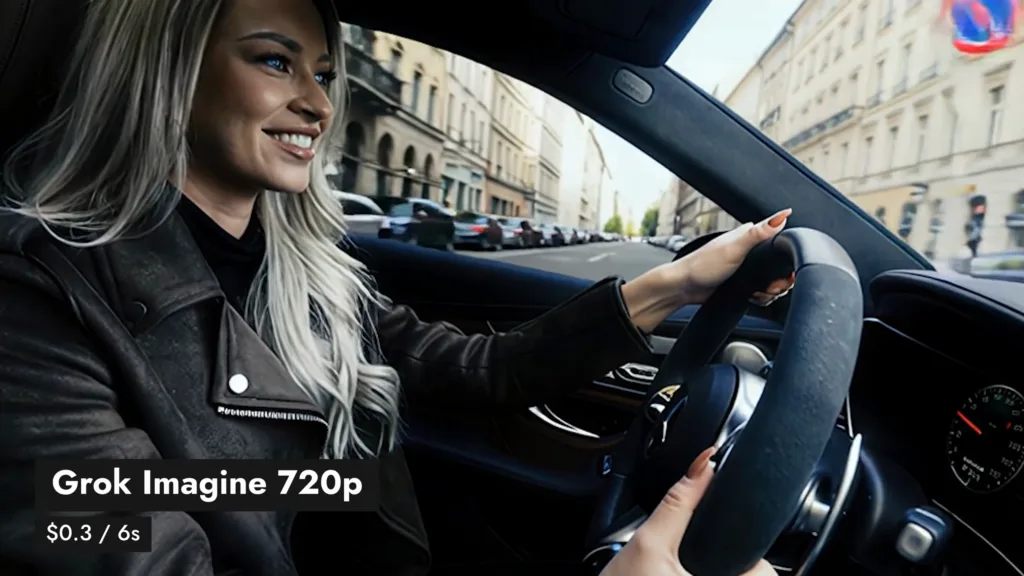 Ergebnis von Grok Imagine in 720p: lachende Fahrerin im Mercedes, 0,3 Dollar pro 6 Sekunden
