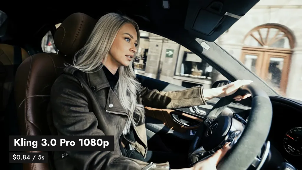 Ergebnis von Kling 3.0 Pro in 1080p: Fahrerin im Mercedes, 0,84 Dollar pro 5 Sekunden