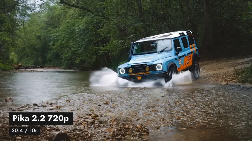 Ergebnis von Pika 2.2 in 720p: Geländewagen im Fluss, Beschriftung 0,4 Dollar pro 10 Sekunden