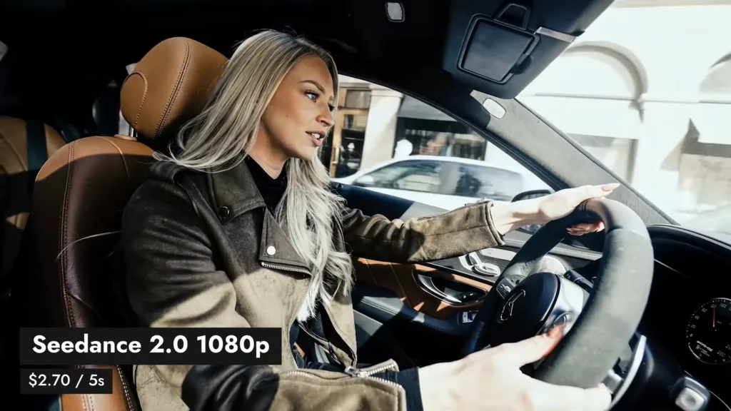 Ergebnis von Seedance 2.0 in 1080p: Fahrerin im Mercedes, 2,70 Dollar pro 5 Sekunden
