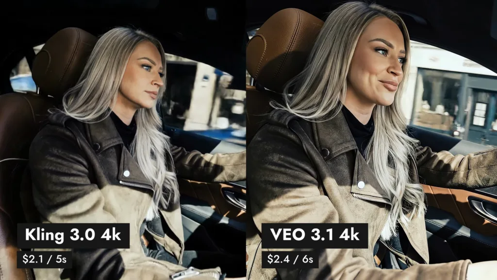 Kling 3.0 in 4K und Veo 3.1 in 4K nebeneinander, beide zeigen die Fahrerin im Mercedes