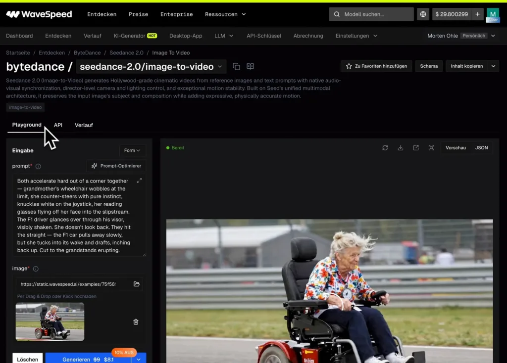 WaveSpeed-Playground für Seedance 2.0 Image-to-Video mit Prompt-Feld, Bild-Upload und Generieren-Button