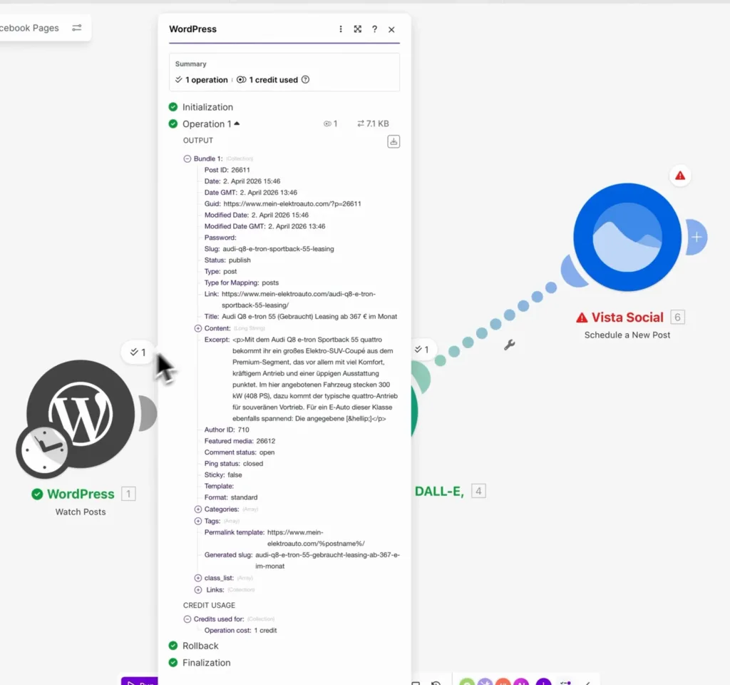 Ausgabe des WordPress-Moduls in Make mit Titel, Link, Excerpt und Featured media 26612
