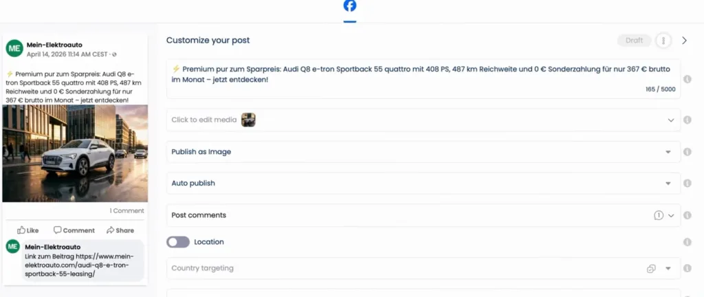 Entwurf in Vista Social mit KI-Caption zum Audi Q8 e-tron Leasing, Beitragsbild und Link im Kommentar