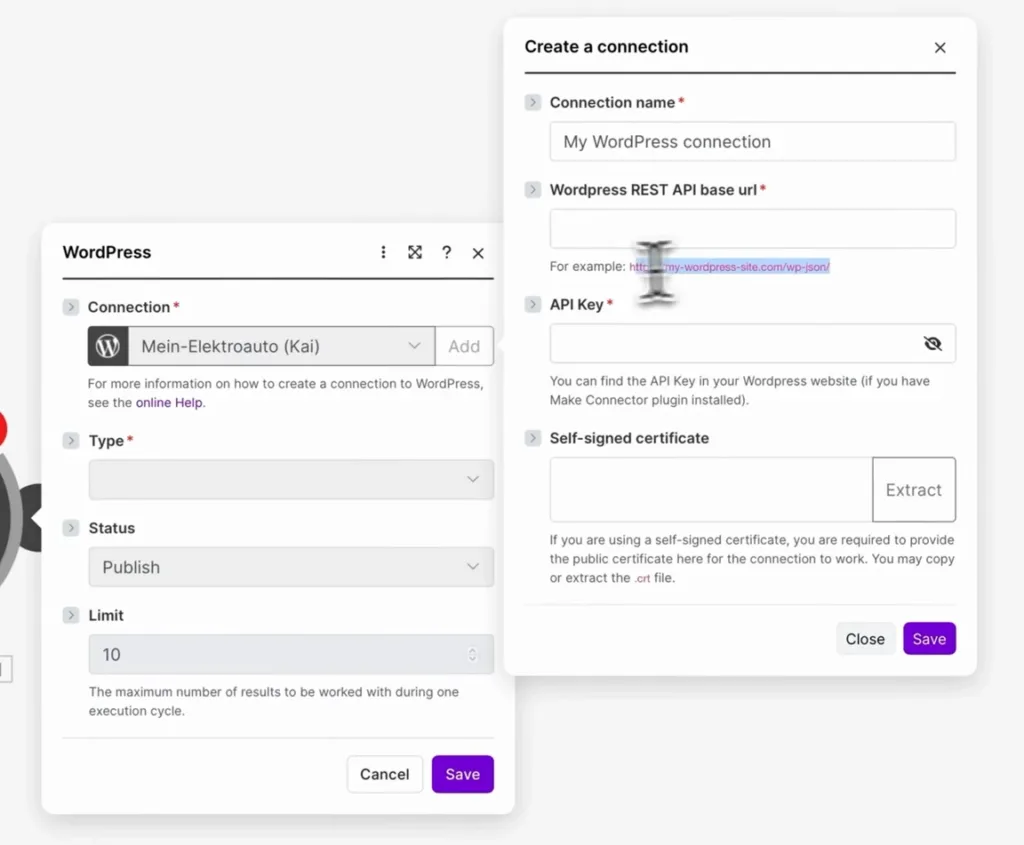 Make-Dialog Create a connection mit den Feldern WordPress REST API base url und API Key