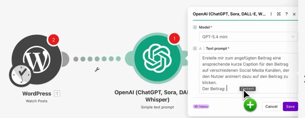 OpenAI-Modul in Make mit Modell GPT-5.4 mini und einem deutschen Prompt für eine Social-Media-Caption