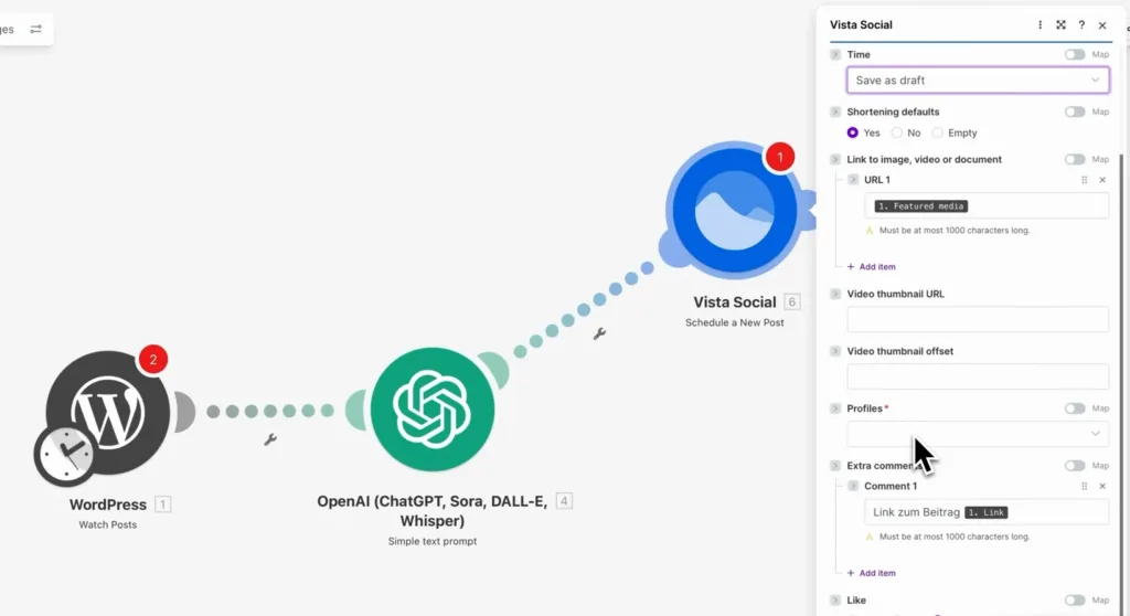 Szenario aus WordPress, OpenAI und Vista Social mit geöffneten Einstellungen des Vista-Social-Moduls