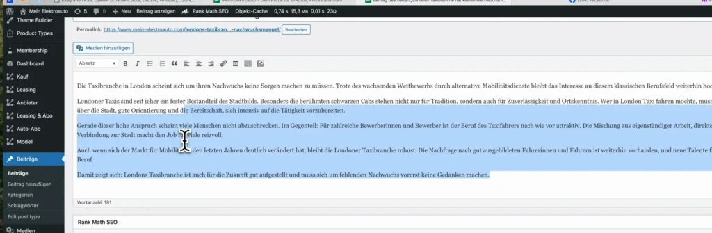 WordPress-Editor mit einem automatisch angelegten Beitragsentwurf