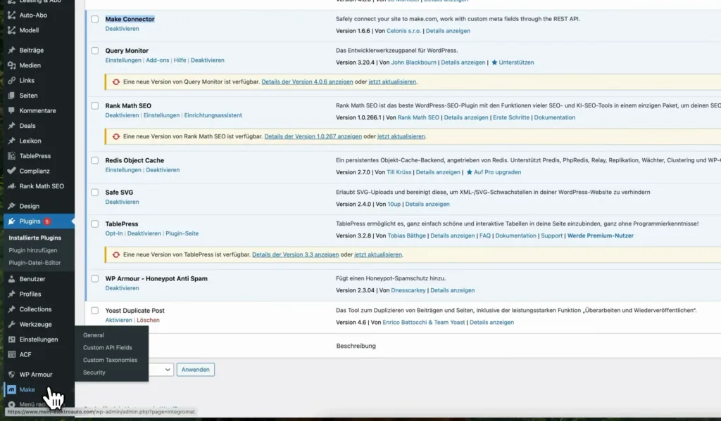 WordPress-Pluginliste mit dem Plugin Make Connector von Celonis und dem Menüpunkt Make in der Seitenleiste