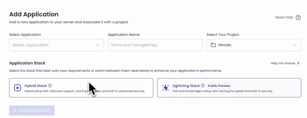 Cloudways-Backend: Dialog Add Application, um eine neue Anwendung auf einem bestehenden Server anzulegen