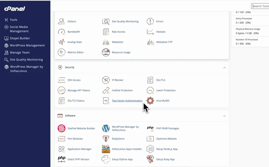 cPanel bei Ethernetservers mit den Bereichen Sicherheit und Software