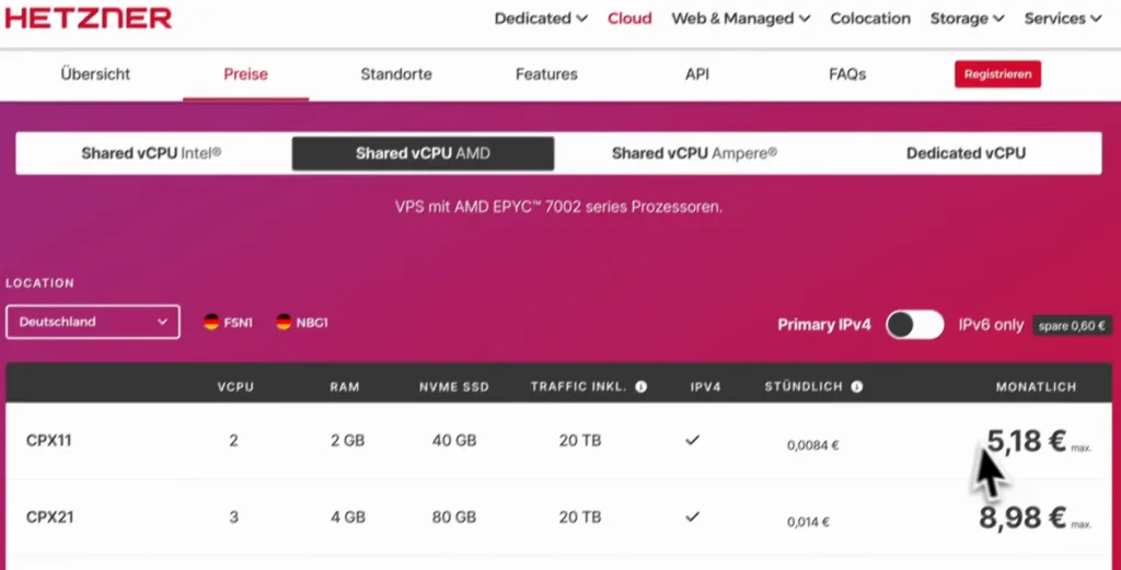 Hetzner-Cloud-Preise für Server mit Shared vCPU AMD, darunter CPX11 für 5,18 Euro