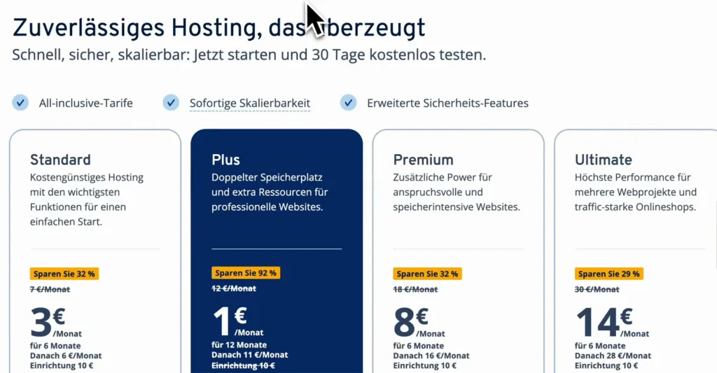 IONOS-Webhosting-Tarife Standard, Plus, Premium und Ultimate mit Aktions- und Folgepreisen