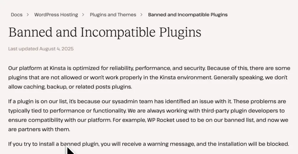 Kinsta-Dokumentation zu gesperrten und inkompatiblen Plugins