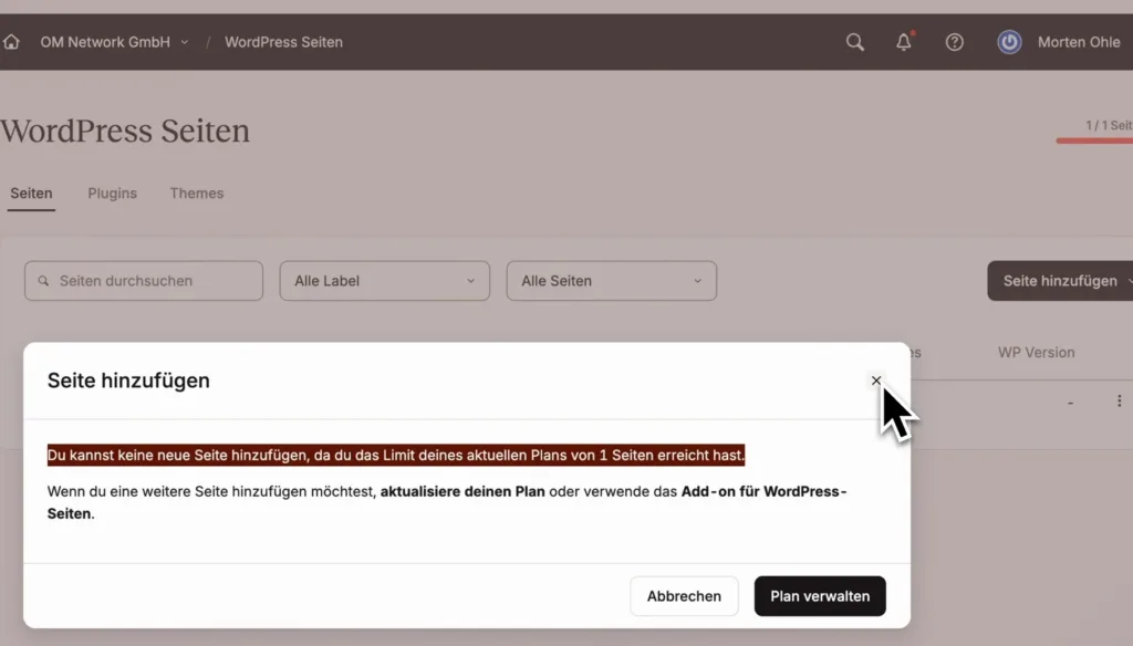 Kinsta-Meldung: keine neue Seite möglich, Limit des Plans von einer Seite erreicht