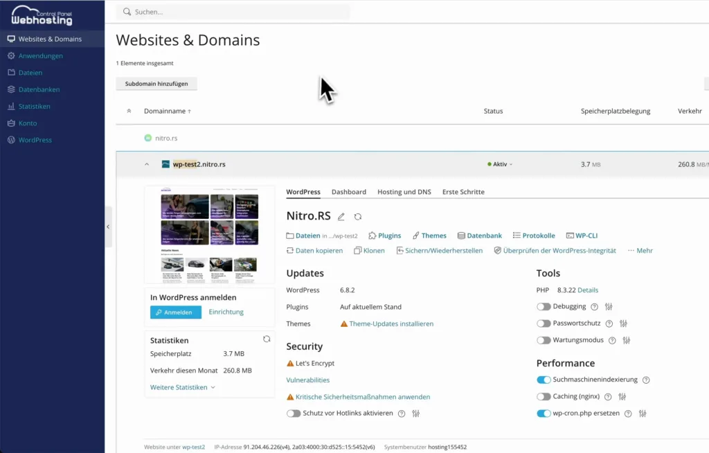 Netcup-Webhosting-Panel mit Websites & Domains und der WordPress-Verwaltung der Testseite