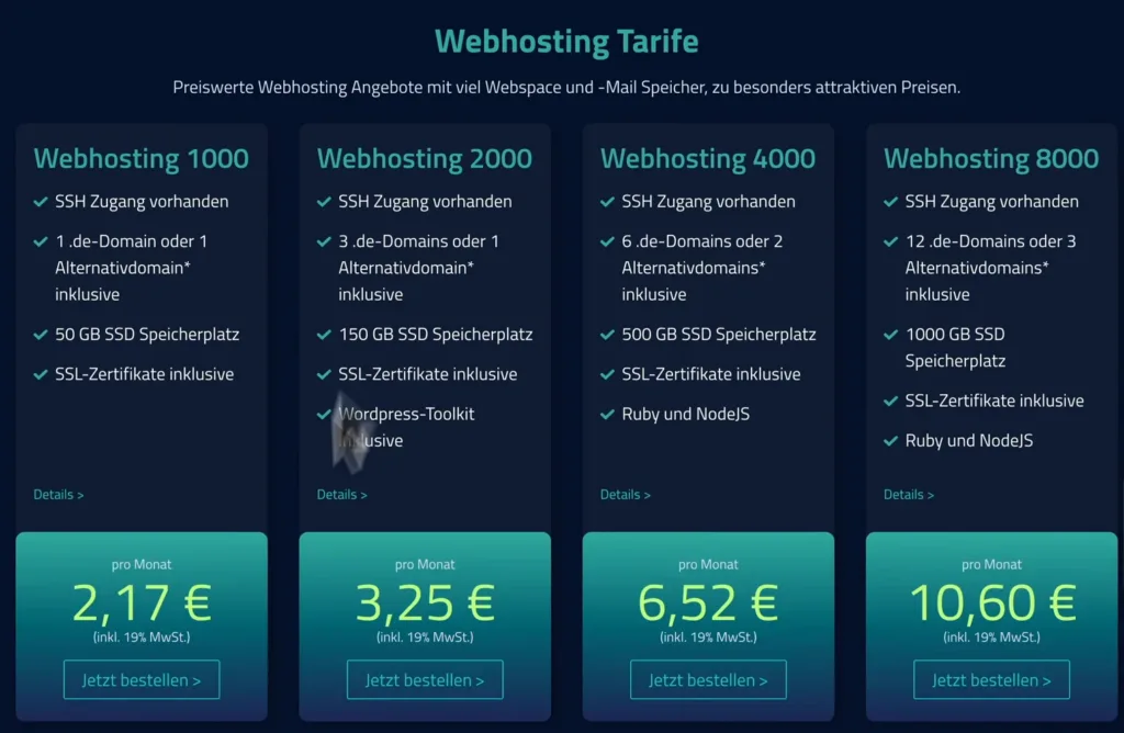 Netcup-Webhosting-Tarife 1000, 2000, 4000 und 8000 mit Monatspreisen