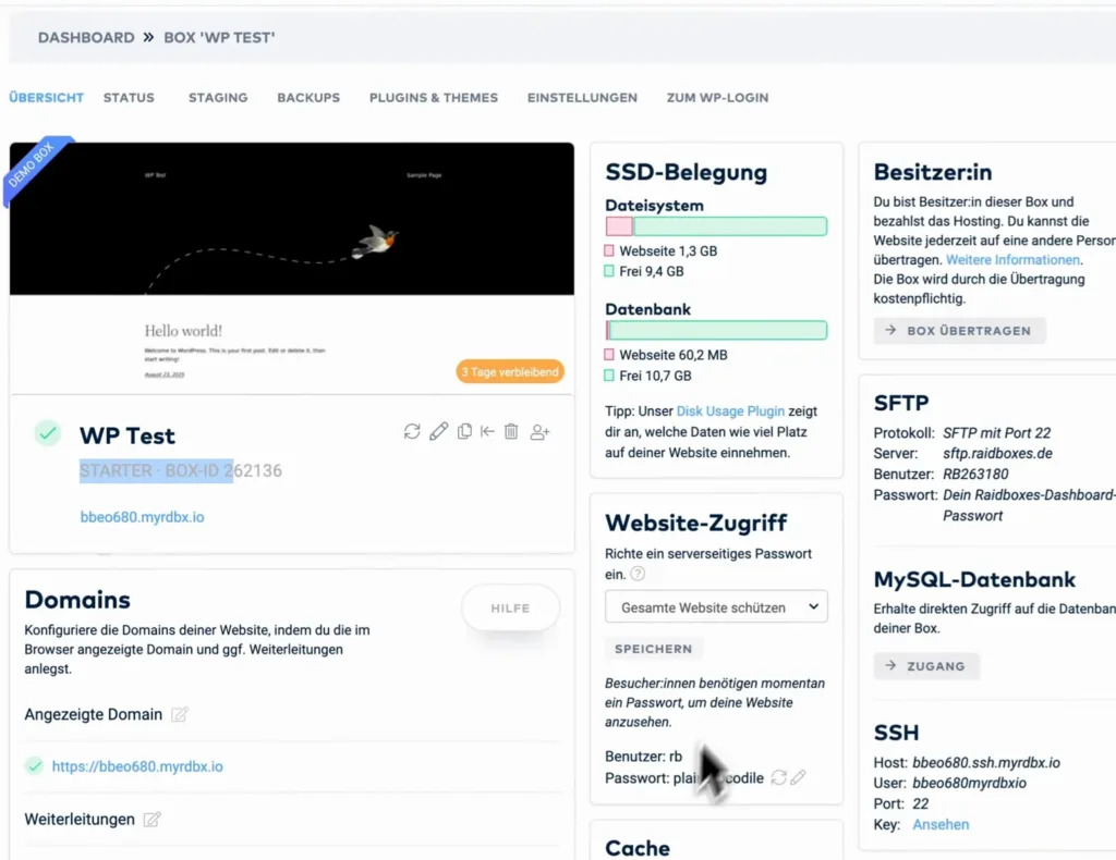 Raidboxes-Dashboard einer Demo-Box im Starter-Tarif mit SSD-Belegung, SFTP, MySQL und SSH