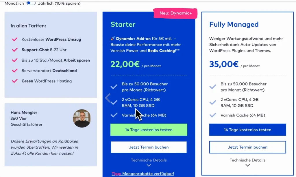 Raidboxes-Tarife Starter und Fully Managed mit Preisen und Ressourcen