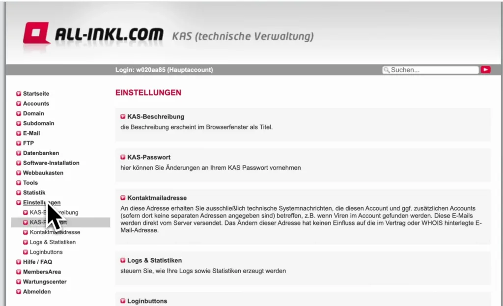 Technische Verwaltung KAS von All-inkl mit Menüleiste und Einstellungsseite
